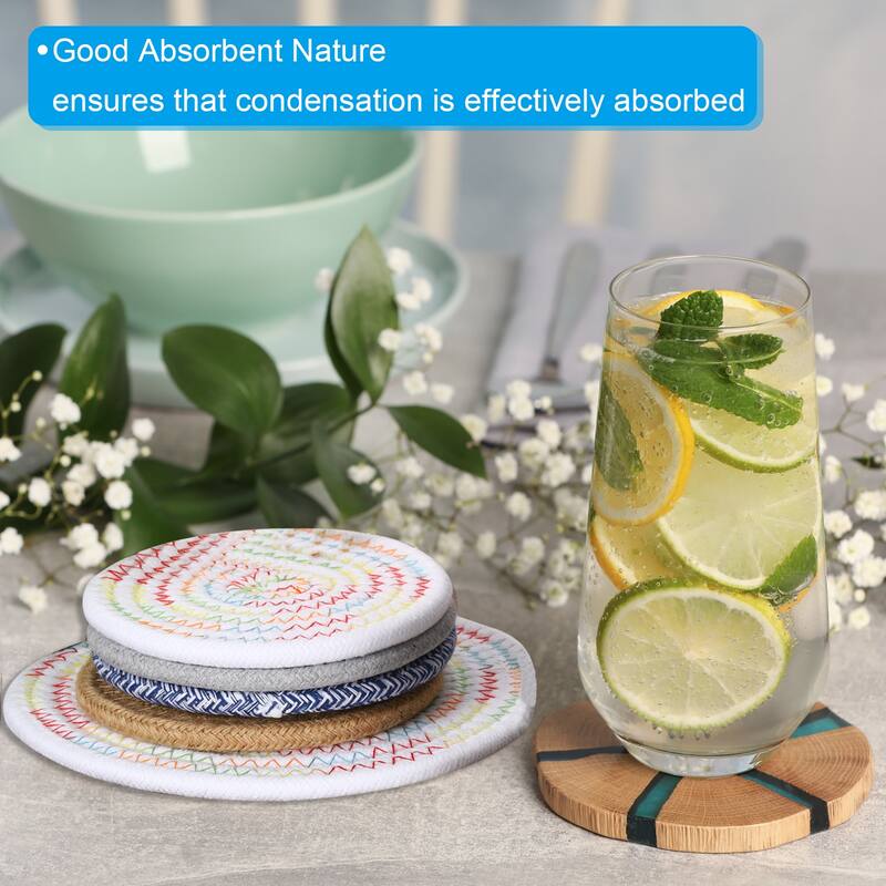 Absorbent Drink Coasters, 6Pcs 4.7" Handmade Woven Coaster Cotton