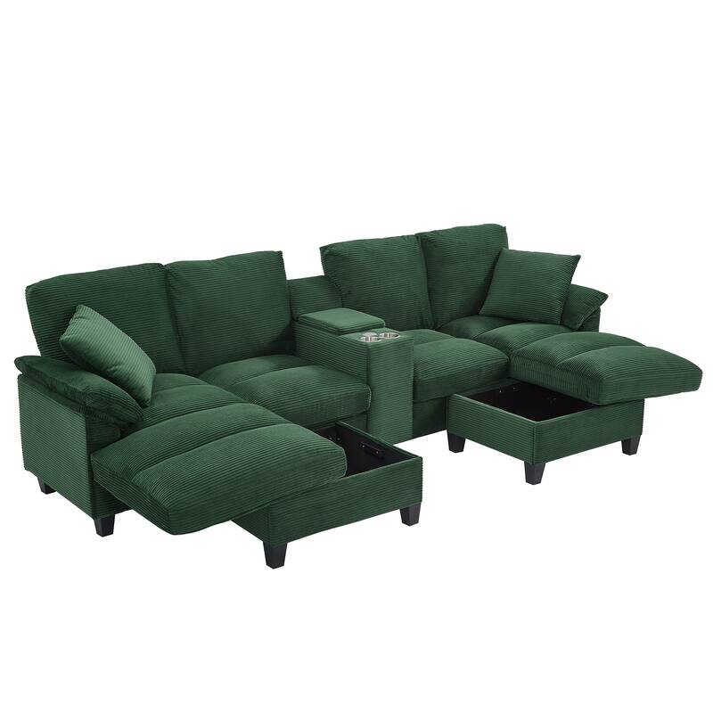 Roomfitters U-Shaped Sectional Sofa 116.9" Corduroy Upholstered Couch with Storage Ottomans, Cup Holders and USB Ports