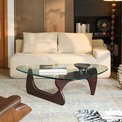 Modern Triangle Glass Coffee Table with Solid Wood Base