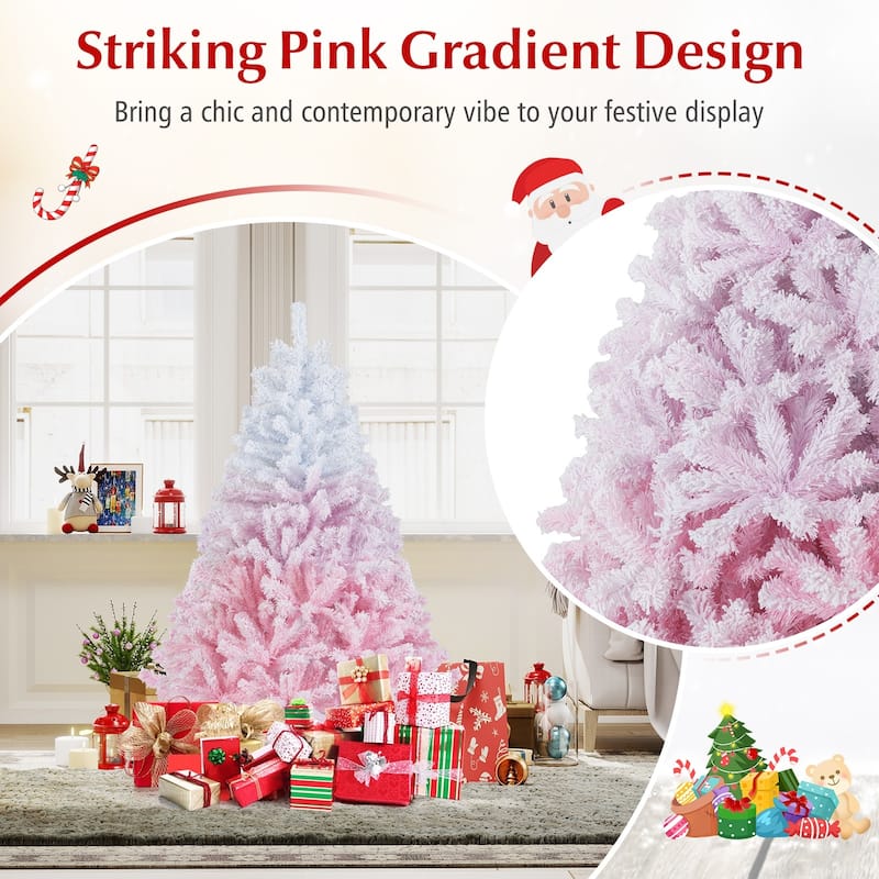 Gymax Artificial Christmas Tree Hinged Snow Flocked Xmas Tree w/ Lush - Pink, White
