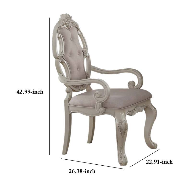 Fabric Upholstered Wooden Arm Chairs with Cabriole Legs, White and Gray, Set of Two