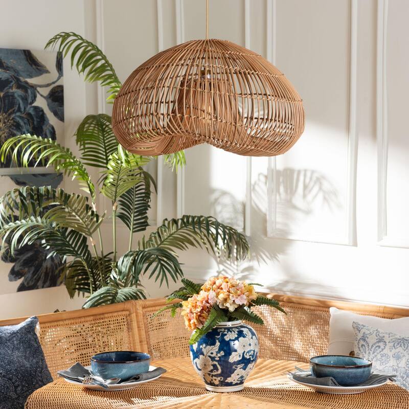 Hansa Natural Rattan Pendant Lampshade - Handcrafted Dome-Shape Ceiling Light Cover, Coastal Boho Décor