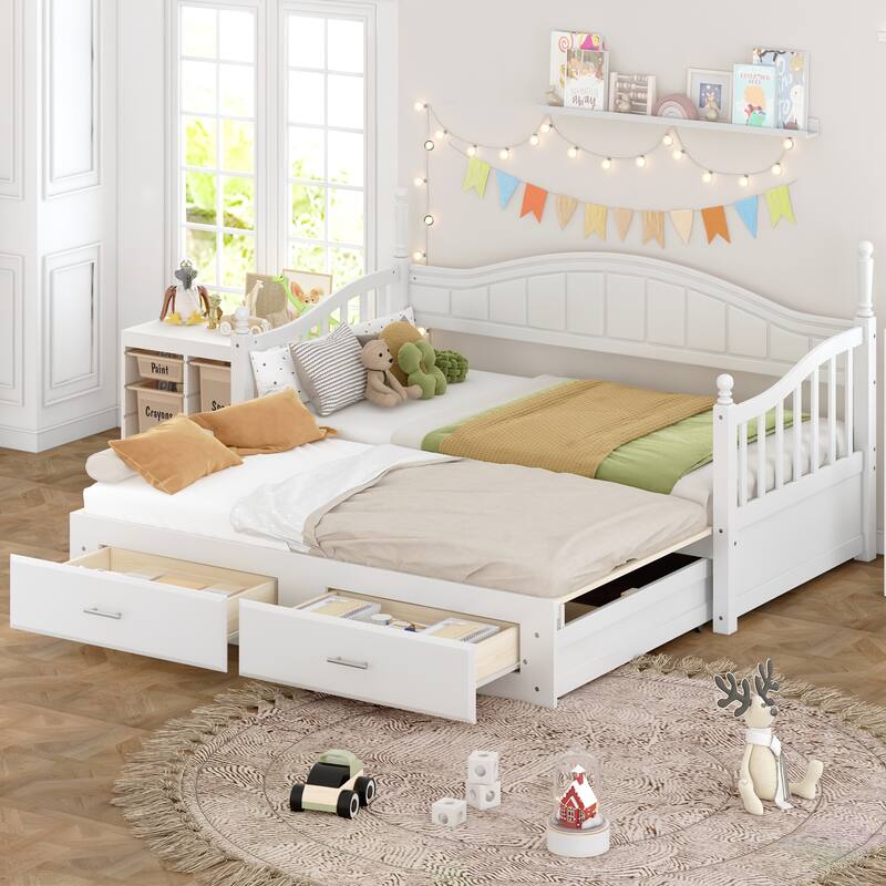 Wooden Twin Size Daybed with Twin Size Trundle, Extendable Daybed with Two Storage Drawers - White