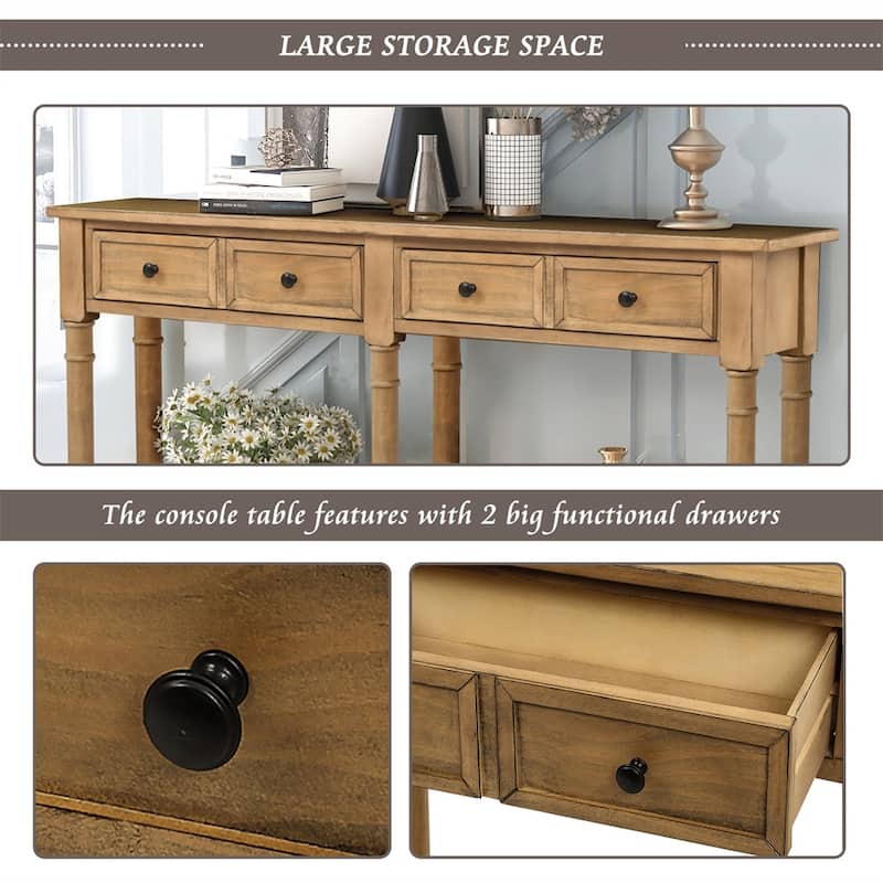 Solid Wooden Console Sofa Table, With 2 Drawers, Bottom Storage Shelves, Easy Assembly, Farmhouse Console Sofa Table