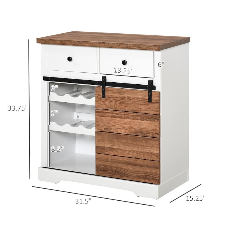 HOMCOM Retro Rustic Barn Door Storage Cabinet Farmhouse Buffet Sideboard Coffee Bar With Wine Racks for Kitchen