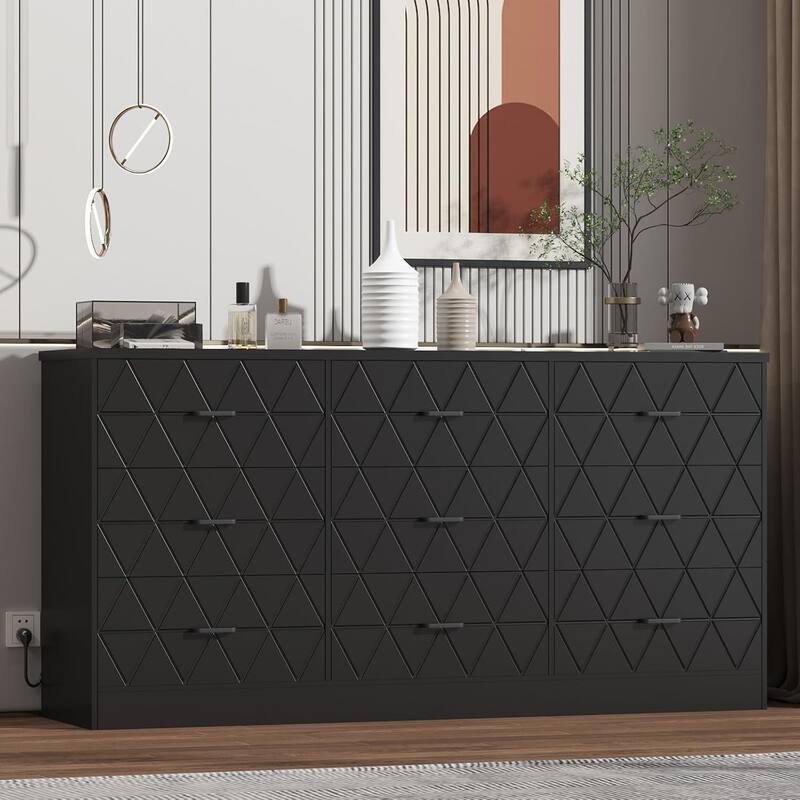 Wooden Dresser for Bedroom,Dresser for Bedroom with USB Power Outlet, Storage Organizer - Black - 9-drawer