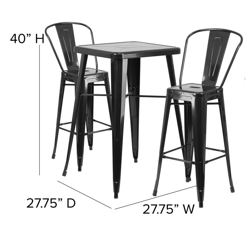 23.75'' Square Metal Indoor-Outdoor Bar Table Set with 2 Stools with Backs - 27.75"W x 27.75"D x 40"H