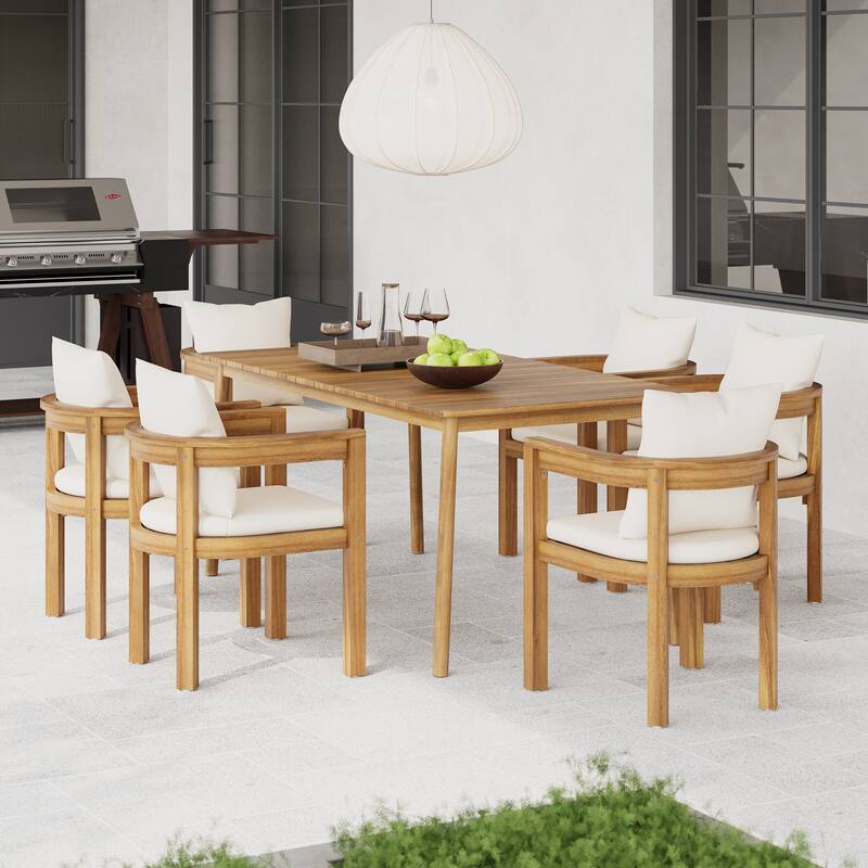Roomfitters Outdoor Dining Set 7 Piece Solid Acacia Wood Slatted Table Cushioned Chairs, Teak Beige