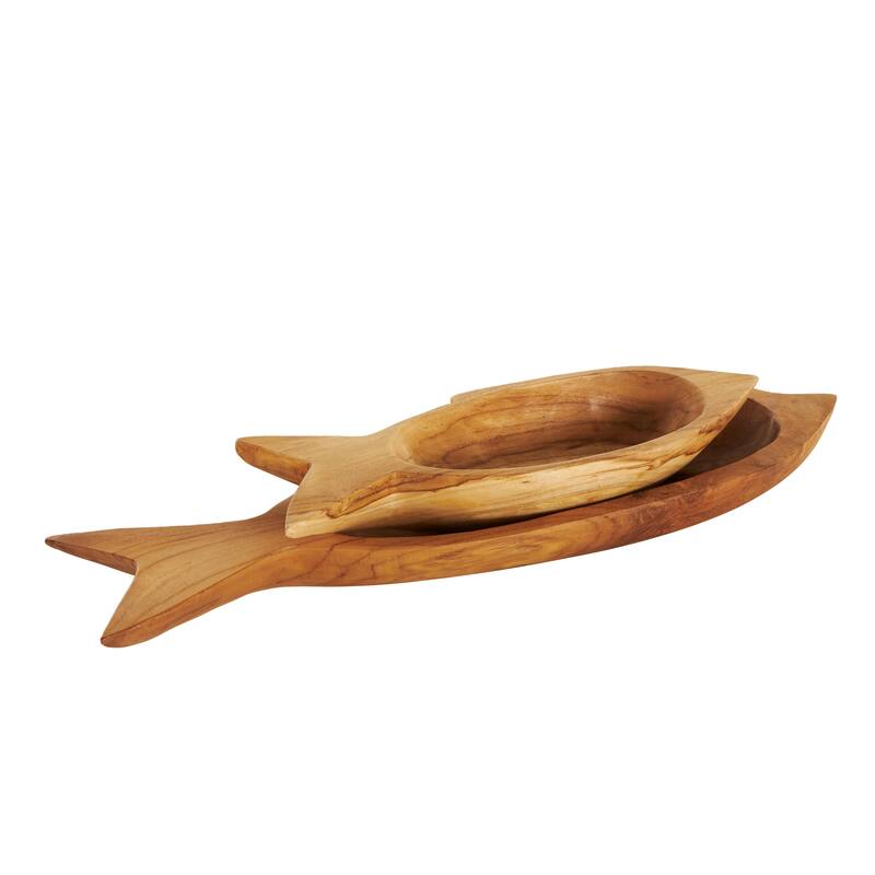 Brown Teak Wood Handmade Carved Fish Living Room Decor Tray (Set of 2)