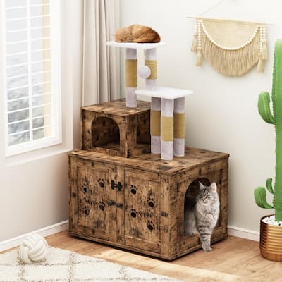 Cat Tree with Wood Litter Box Enclosure, All-in-one Indoor Cat Furniture with Large Platform and Cat Condo House - N/A
