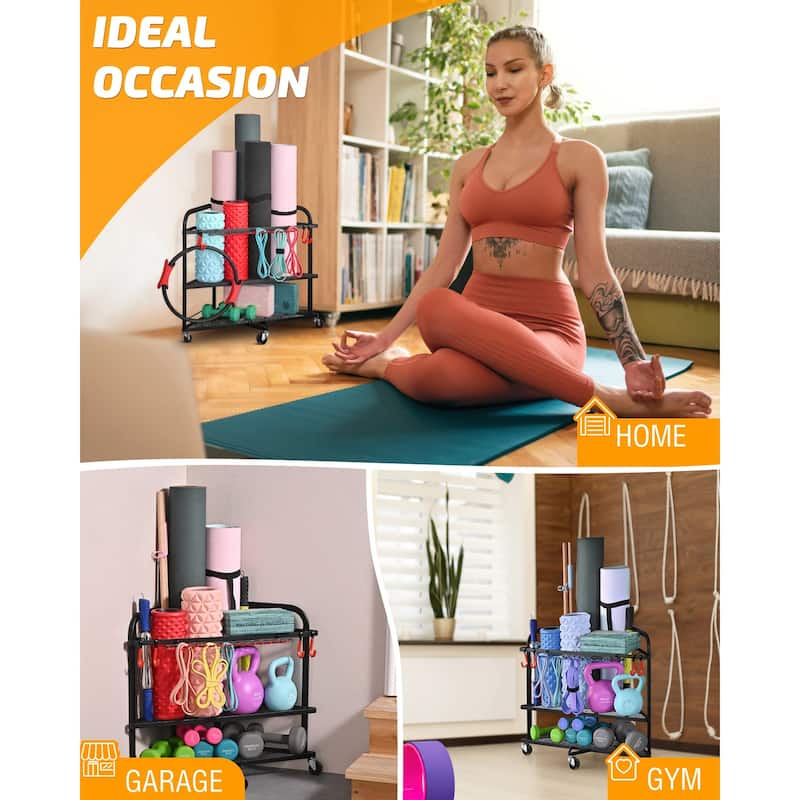 Corner Yoga Mat Storage Rack Rolling Home Gym Organizer with Hooks