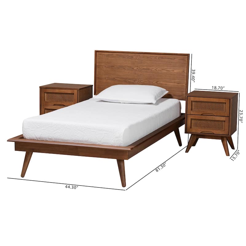 Melora Mid-Century Modern Walnut Brown Finished Wood and Rattan 3-Piece/4-Piece/5-Piece Bedroom Set (Multiple Bed Sizes)