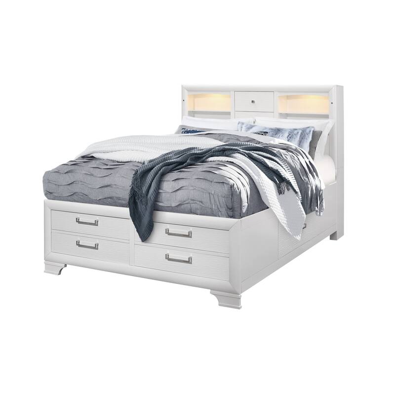 HomeRoots White Solid Wood Full Eight Drawers Bed