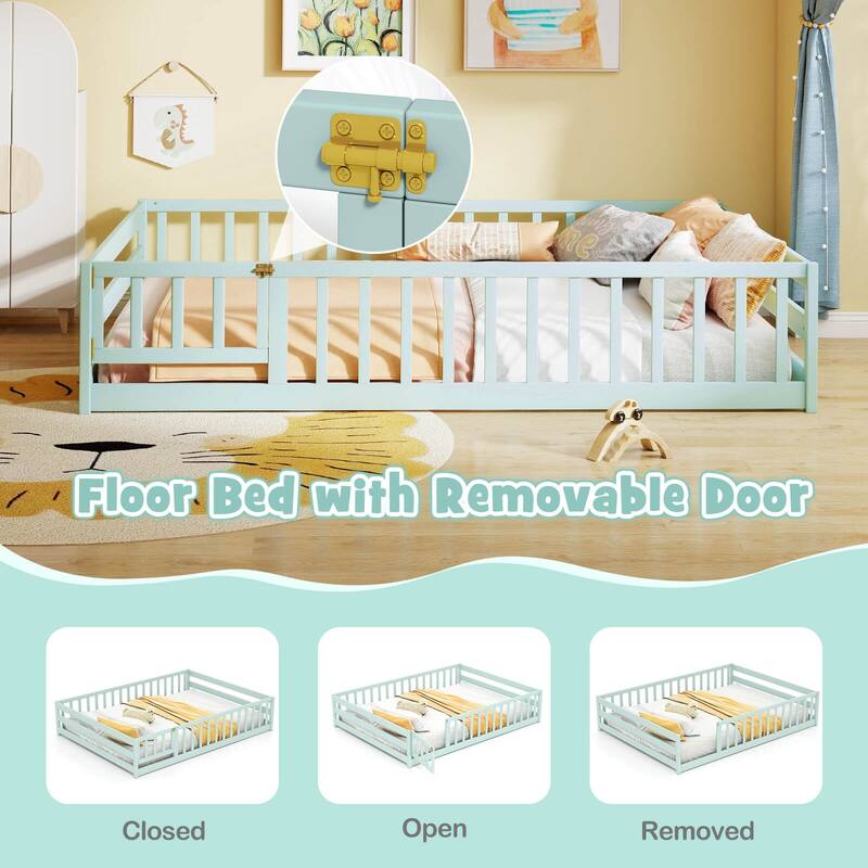 Costway Full Size Floor Bed with Full Length Safety Guardrails & Door