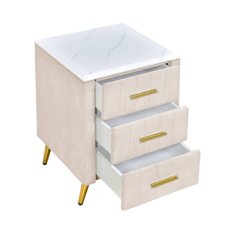 1-Piece Upholstered Velvet Nightstand with 3 Drawers and Metal Legs, Elegant Bed Side End Table with Marbling Top