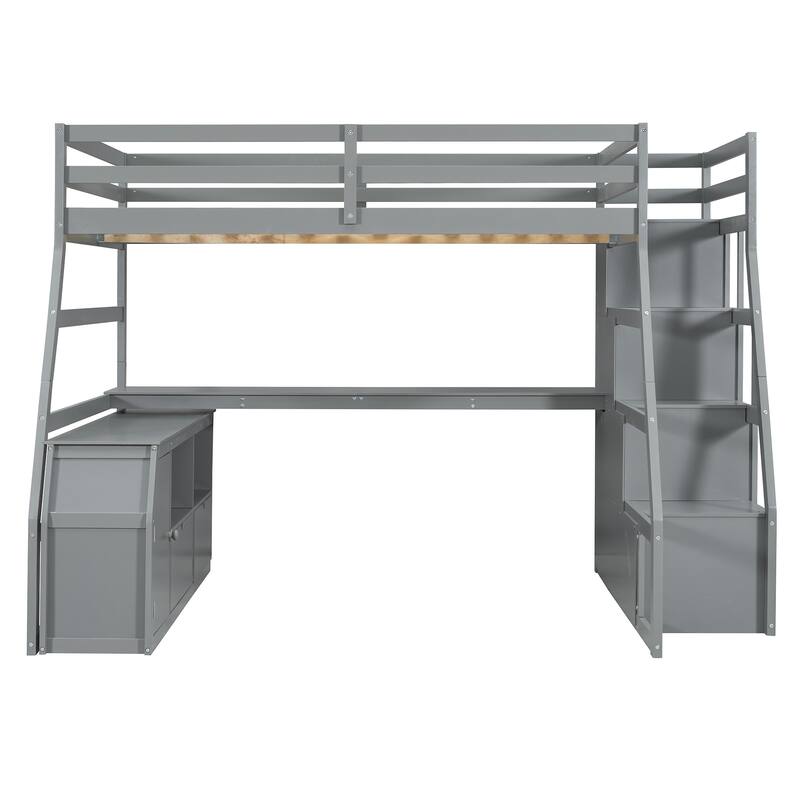 Space-Saving Full Loft Bed with Built-in Desk, 7 Drawers, 2 Shelves & Playhouse-Inspired Fence Design