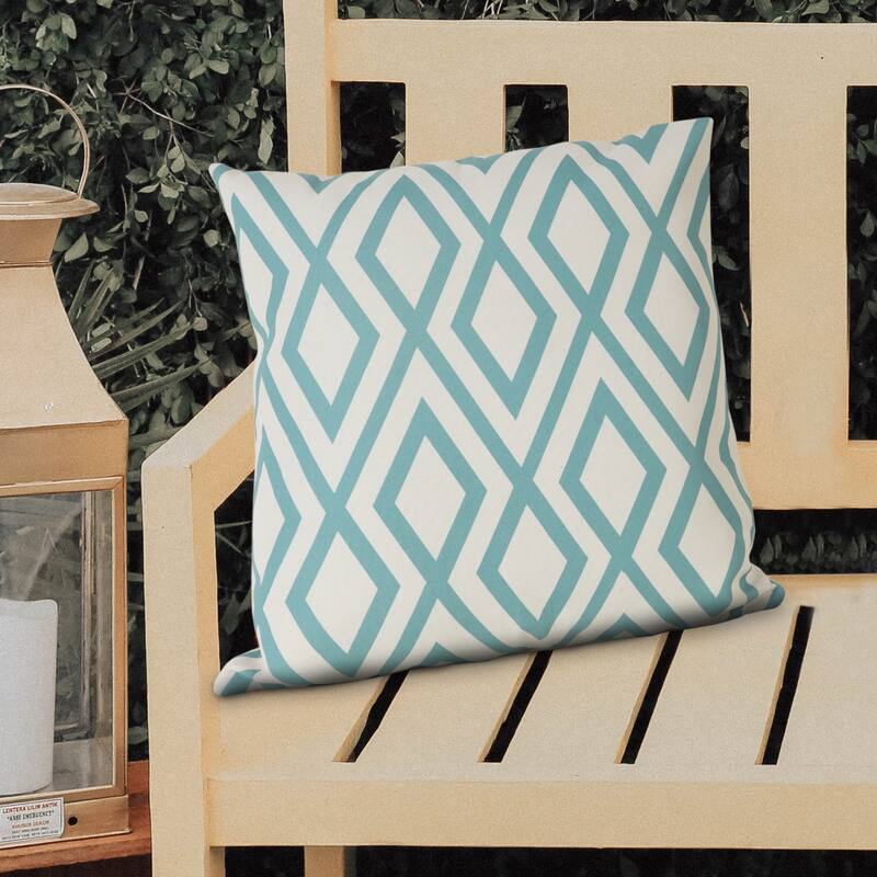 Handwoven Geometric Diamond Outdoor Patio Throw Pillow - 18" - Aqua Blue and Cream