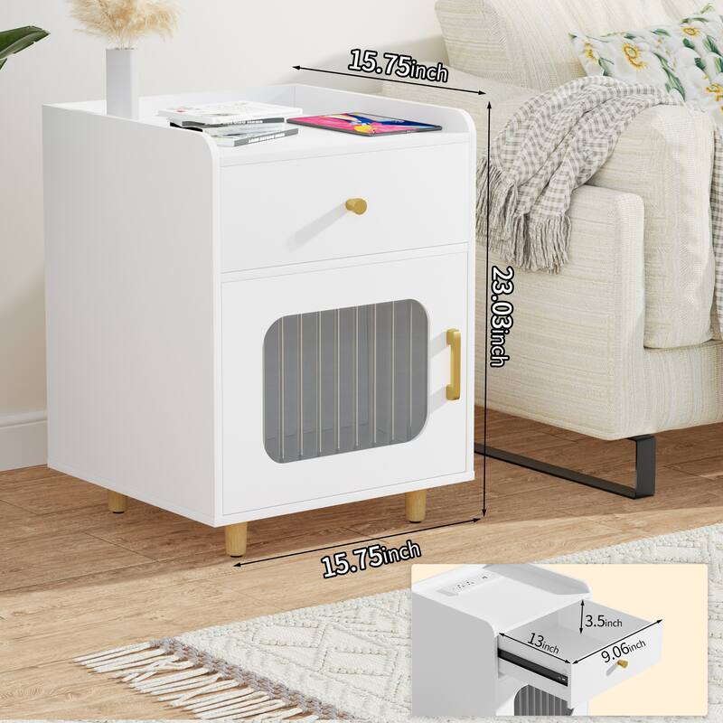 White Wooden Nightstand End Table w Drawer and Glass Door for Bedroom