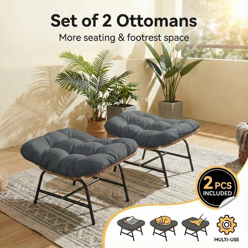 2-Piece Outdoor Wicker Ottomans with Cushions, Weather-Resistant Boho Patio Rattan Footrests for Garden, Porch, and Balcony