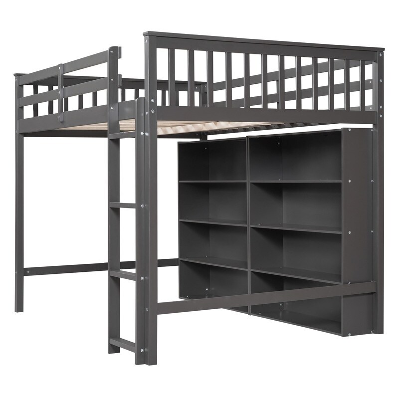 Full Size Loft Bed with 8 Open Storage Shelves and Builtin Ladder