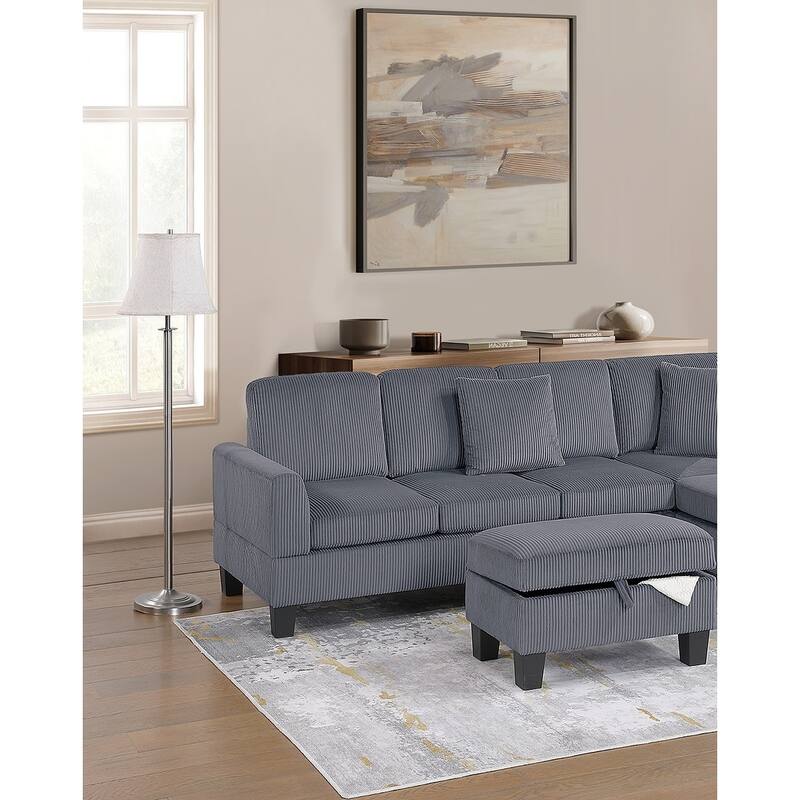 3pc Sectional Set with Chaise, Sofa and Ottoman in Dark Gray Corduroy, Living Room