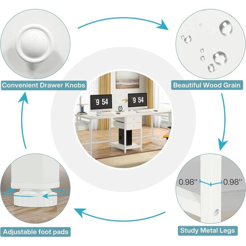 79-Inch Two Person Computer Desk with Drawers and Storage Shelves, White