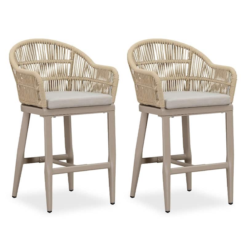 PURPLE LEAF Modern Rattan Bar Stools Set of 2 with Cushion and Back Counter Stools - Cream - Counter Height