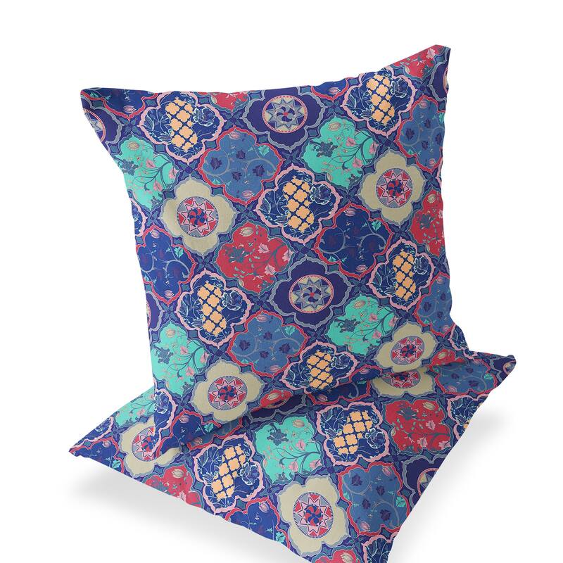 HomeRoots Set of Two 16" X 16" Blue and Green Blown Seam Floral Indoor Outdoor Throw Pillow - 16.00' X '16.00' X '5.00