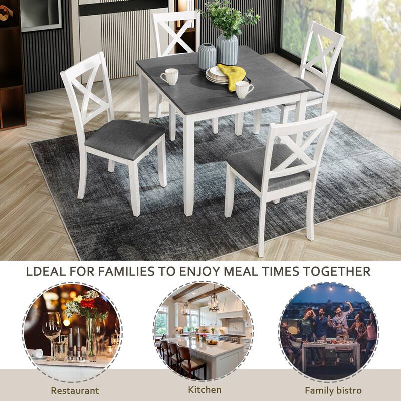 5 Piece Wooden Modern Dining Set for 4 Persons, Square Table with 4 Upholstered Chair and X Back, for Kitchen Room, Restaurant