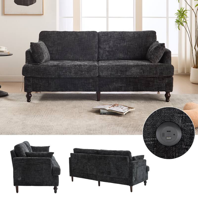 Modern Style Chenille 2-Seater Wood-Legged Sofa With Led Light,USB Charging Port And Storage Bag Living Room Bedroom Study Room - Black