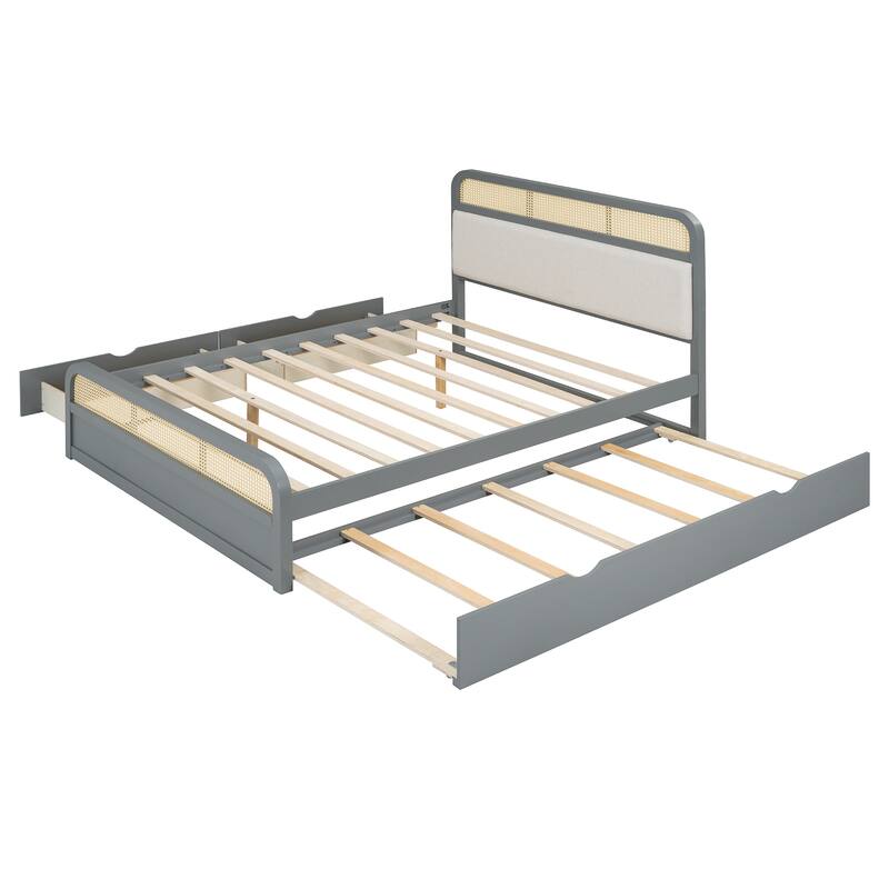 Rattan Platform Bed Queen Wooden Bed Frame with Twin Trundle and 2 Drawers, Headboard with Padded Cushion Mattress Not Included
