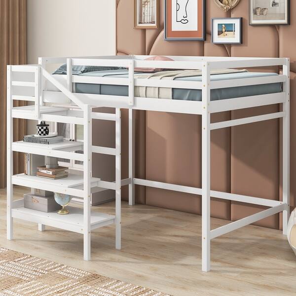 slide 2 of 16, Full Size Loft Bed with Built-in Storage Staircase and Hanger for Clothes White - Full