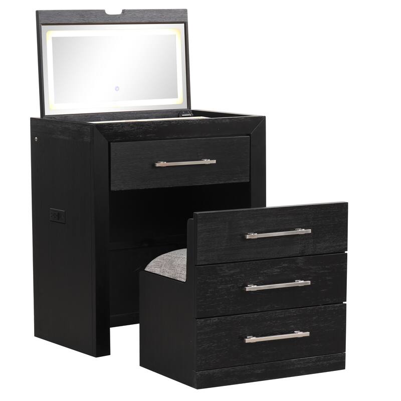 Furniture of America Alaric Modern Wood Black Vanity Set with Storage Stool
