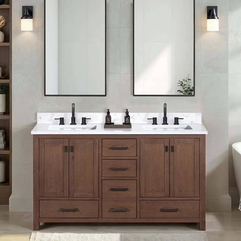 Avanity Modero 60 in. Double Sink Bathroom Vanity with Engineered Stone Top - 61"W x 22"D x 35"H - Mocha Oak