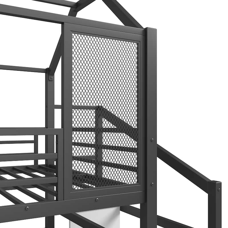 Fun Play House-shaped Loft Bed Metal Bed Frame with Grid and Shelves