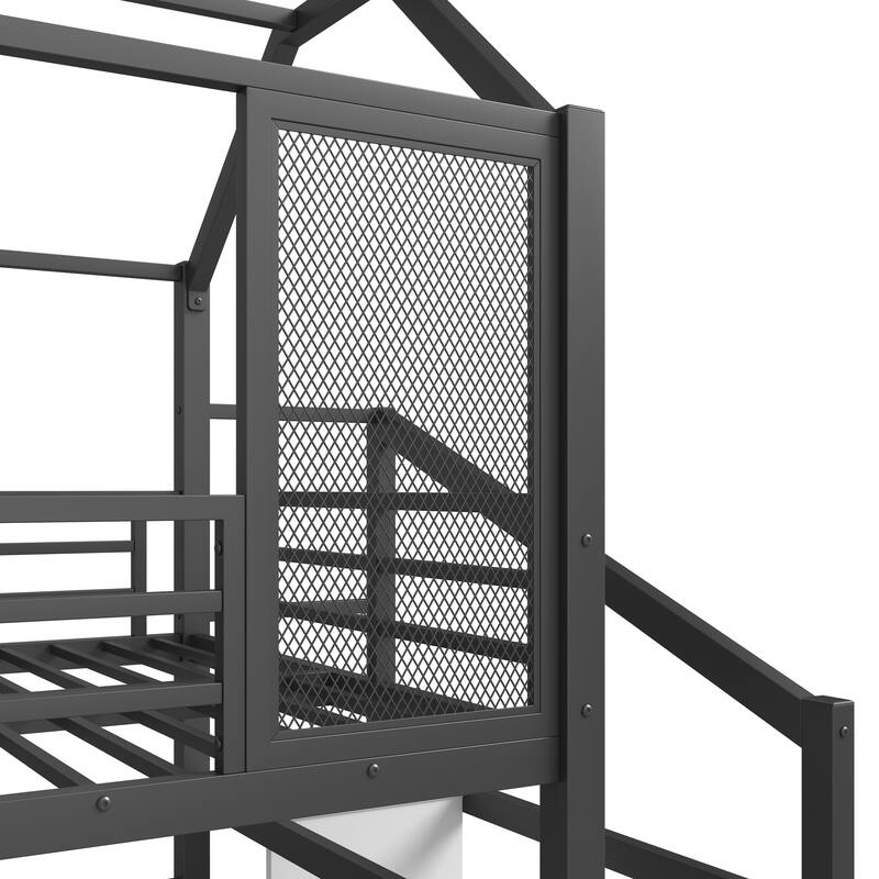 House-Shaped Loft Bed with Slide, Stairs, and Storage, Black Metal Twin Bed for Kids