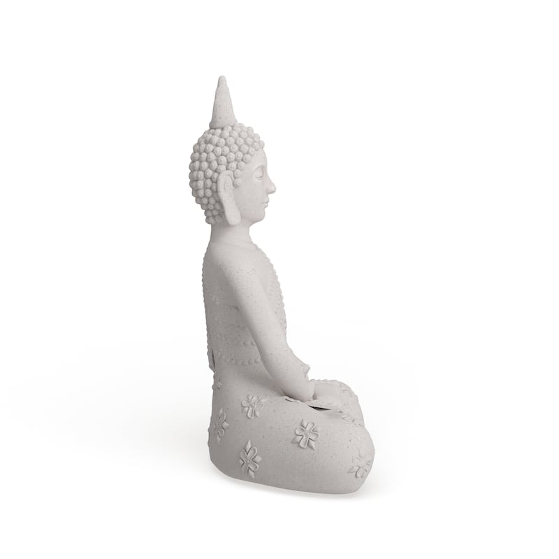 Gray Magnesium Oxide Indoor Outdoor Meditating Buddha Decorative Garden Sculpture with Floral Carvings and Beaded Details