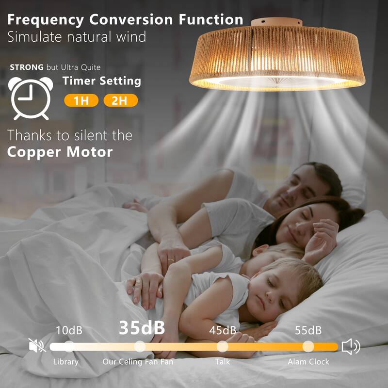 21" Bohemian Braided Ceiling Fan Light, Silent Remote Control with Timing Function, Adjustable Color Temperature