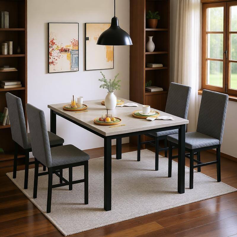 Grondin 5-Piece Dining Room Table Set with Faux Marble Table Top and Diamond Stitching Velvet Upholstery Dining Chairs
