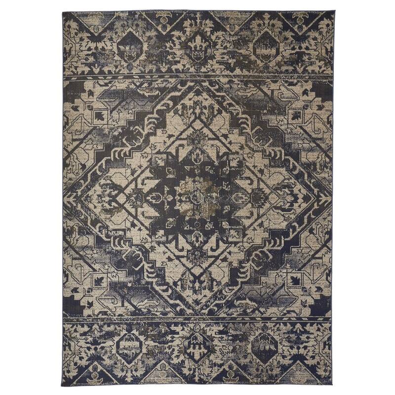 Hurst Vintage Medallion Oriental Transitional Area Rug - 6'-5" x 9'-6" - Natural Tan/Blue Indigo/Citron Green