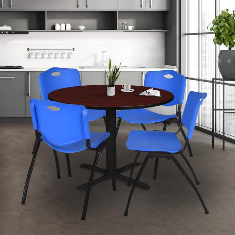 Round 48-inch Table and 4 'M' Stackable Blue Chairs