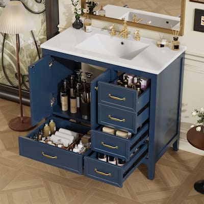 36-Inch Bathroom Vanity with Soft-Closing Drawers,Ceramic Sink,and Wood Frame