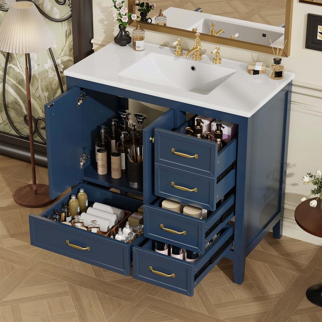 36-Inch Bathroom Vanity with Soft-Closing Drawers,Ceramic Sink,and Wood Frame