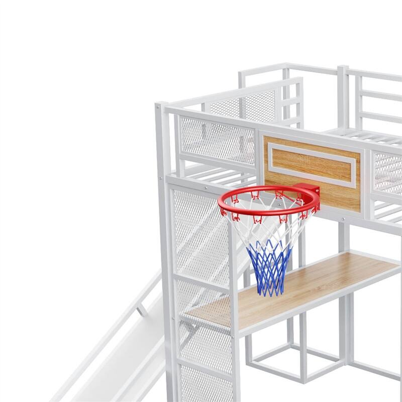 Metal Loft Bed with Bulit-in Desk, Slide and Open Wardrobe, Full Size Loft Bedframe with Storage Staircase and Basketball hoop