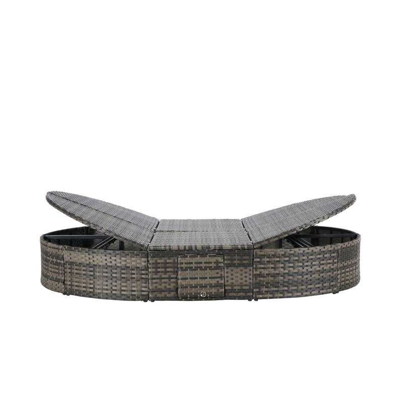 Outdoor Patio Rattan Round Daybed Sunbed with Adjustable Backrests and Foldable Cup Trays