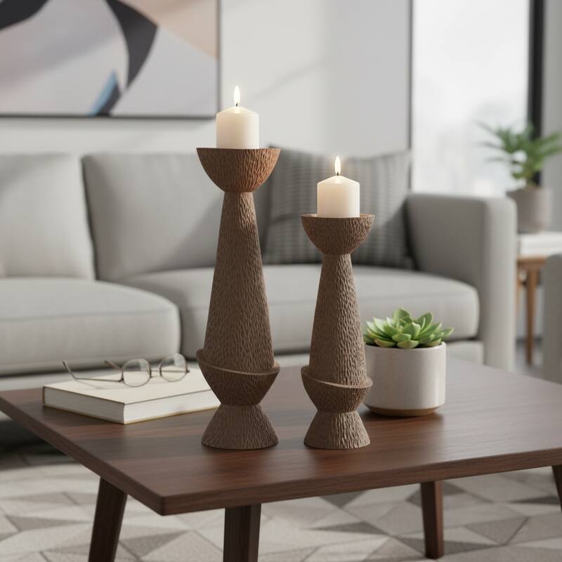 Candle Holder Set of 2 - Tan Resin Textured Pillar, 16/20" - 20.0"