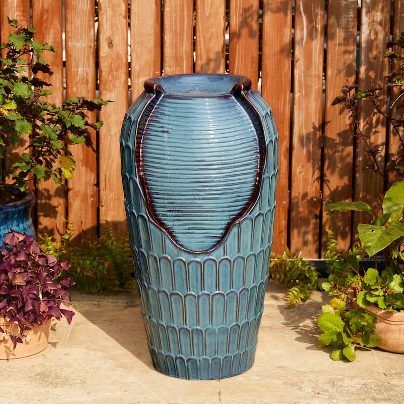 Glitzhome 28"H Oversized Petals Textured Ceramic Jar Outdoor Waterfall Fountain - Green