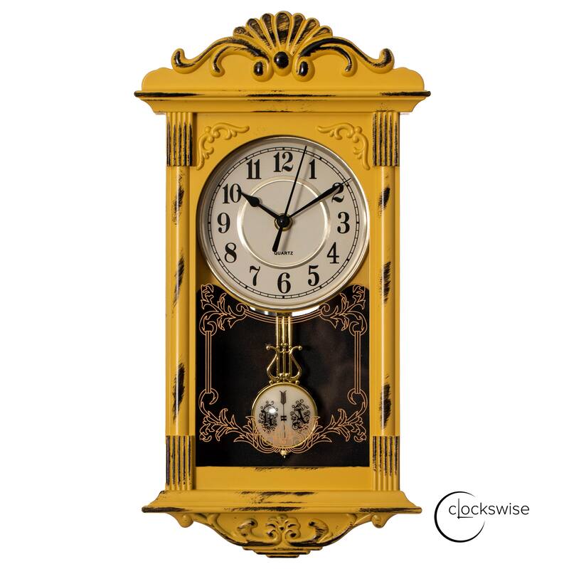 Clockswise Vintage Grandfather Wood-Looking Plastic Pendulum Decorative Battery-Operated Wall Clock Brown, for Home Decor - 16 Inch High - Yellow