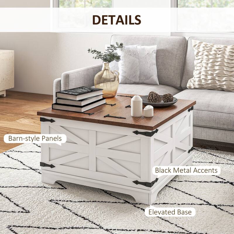 HOMCOM Farmhouse Coffee Table with Storage, Center Table with Hinged Lift Top and Hidden Space, Square Coffee Table