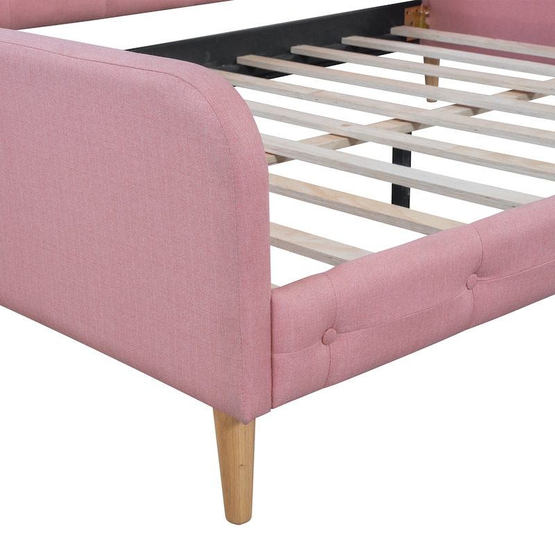 Bedroom Full Size Bed Frame, Upholstered Linen Daybed with Button Design Backrest Headboard and Pine Wood Slat Support
